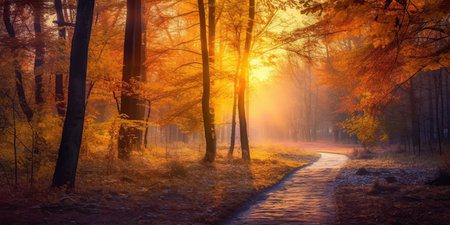 Tourists trekking amazing autumn forest in the morning sunlight. Red and yellow leaves on trees in the forest golden forest landscapeの素材