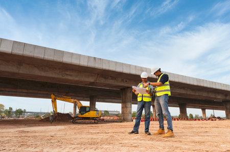 The chief civil engineer is introducing inspection of a road or expressway construction project under the road to an intern. At the expressway construction siteの写真素材