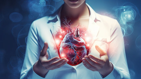 Female doctor touchstone virtual heart in hand hand drawn human organs Highlighting red is a symbol of disease. hospital treatment conceptの素材