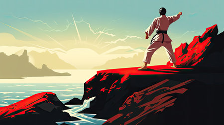 Isolated white karate fighter in white uniform standing in the middle of a cliffの素材