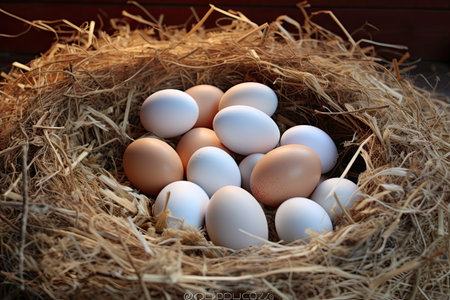 Agriculture, chicken eggs, farm in the countrysideの素材