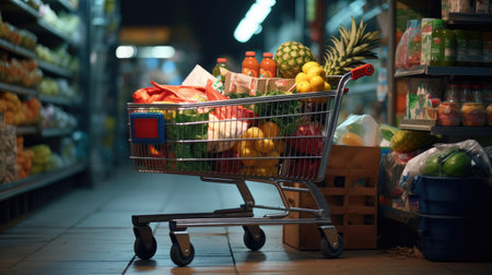 Shopping cart full of food and drinks and supermarket shelves behind grocery shopping concept.の素材