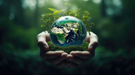 Hand holding a globe ball, growing trees and green nature blurred background. Ecological concept love the environmentの素材