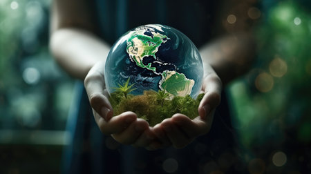 Hand holding a globe ball, growing trees and green nature blurred background. Ecological concept love the environmentの素材
