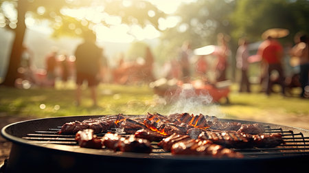 Family group partying outdoors Focus on grilling food in public gardens. space for textの素材