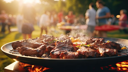 Family group partying outdoors Focus on grilling food in public gardens. space for textの素材