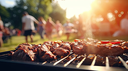 Family group partying outdoors Focus on grilling food in public gardens. space for textの素材