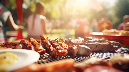 Family group partying outdoors Focus on grilling food in public gardens. space for textの素材