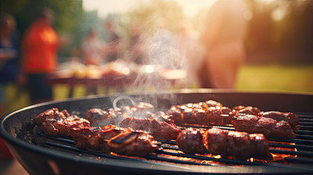 Family group partying outdoors Focus on grilling food in public gardens. space for textの素材