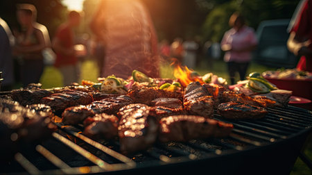 Family group partying outdoors Focus on grilling food in public gardens. space for textの素材
