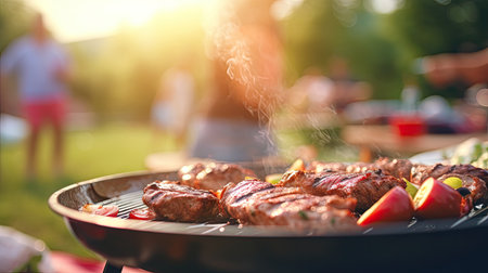 Family group partying outdoors Focus on grilling food in public gardens. space for textの素材