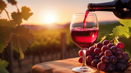 Pouring red wine into a glass. In the vineyard, French red wineの素材