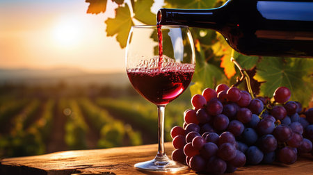 Pouring red wine into a glass. In the vineyard, French red wineの素材