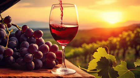 Pouring red wine into a glass. In the vineyard, French red wineの素材
