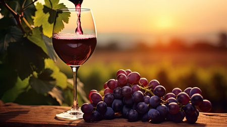 Pouring red wine into a glass. In the vineyard, French red wineの素材