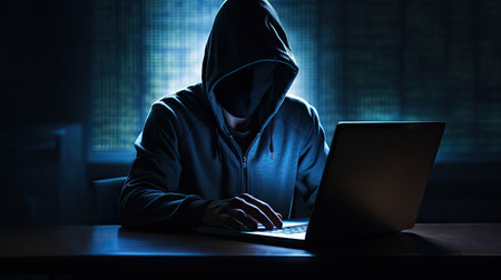 Hackers and Malware Hacker uses abstract laptop with binary code digital interface.の素材