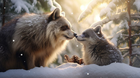 Santa Claus is near his reindeer in the snowy forestの素材