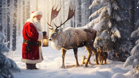 Santa Claus is near his reindeer in the snowy forestの素材