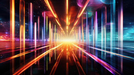 3D rendering, neon ultraviolet square portal, glow lines, tunnel, walkway, purple, arch, laser show.の素材