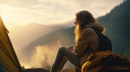 girl hiker in a tent and holding a cup mountains in the backgroundの素材