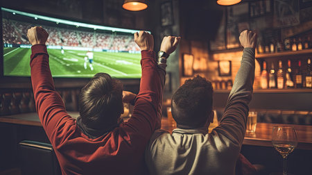 Rear view of 3 men showing joy Watch football on TV in the sports barの素材