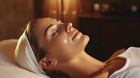 Beautiful young woman having facial spaの素材