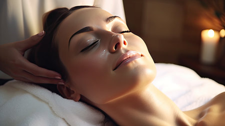 Beautiful young woman having facial spaの素材