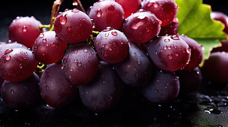 Close-up of grapes on dark background, water dropsの素材