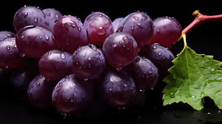 Close-up of grapes on dark background, water dropsの素材
