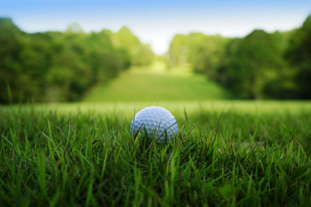 Golf ball on green in beautiful golf course at sunset background.の写真素材