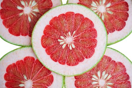 grapefruit juicy slices isolated on white background. top view,                               の写真素材