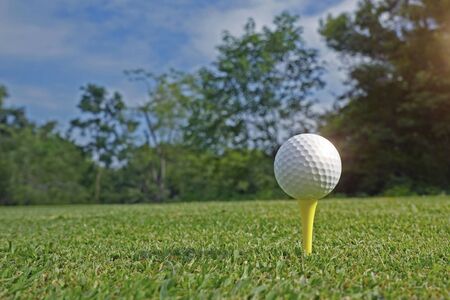Golf ball on tee ready to be shot. golf ball on tee in the evening golf course with sunshine.                               の写真素材
