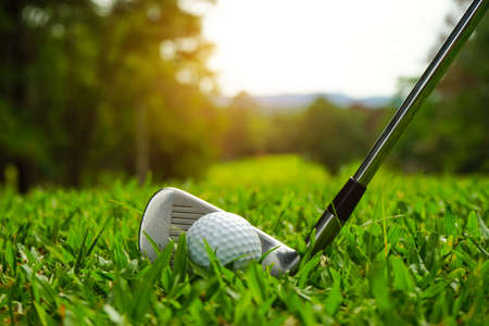 Golf ball and golf club in beautiful golf course at Thailand. Collection of golf equipment resting on green grass with green background.の写真素材