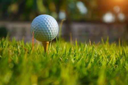 Golf ball on tee in the evening golf course with sunshine background. Golf ball on the green with warm tone and sunset.の写真素材