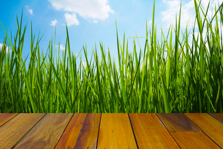 Empty wooden table on sunset nature background. Mock up for your product display or montageの写真素材