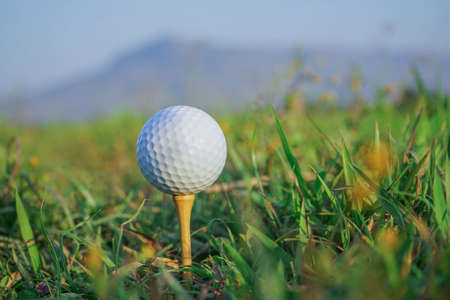 Golf ball on tee ready to play in the evening golf course with sunshine.の写真素材