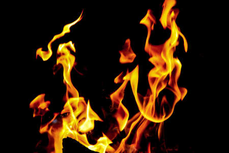 Fire flames on black background. The fire in the natural forest, flames and sparks on a dark background Fuel / lights on a black background.の写真素材