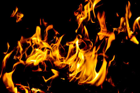Fire flames on black background. The fire in the natural forest, flames and sparks on a dark background Fuel / lights on a black background.の写真素材
