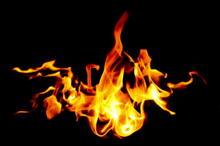 Fire flames on black background. The fire in the natural forest, flames and sparks on a dark background Fuel / lights on a black background.の写真素材