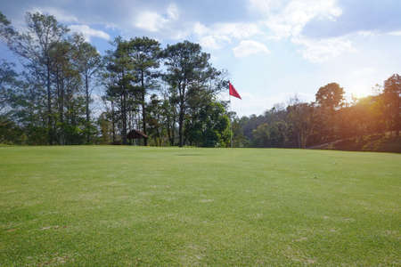 Background of evening golf course has sunlight shining down at golf course in Thailand. Nice scenery on a golf course at a late summer afternoon.の写真素材