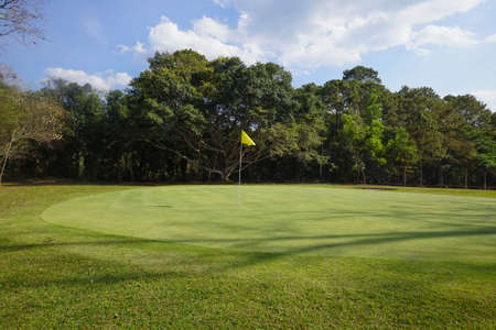 Background of evening golf course has sunlight shining down at golf course in Thailand. Nice scenery on a golf course at a late summer afternoon.の写真素材