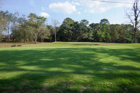 Background of evening golf course has sunlight shining down at golf course in Thailand. Nice scenery on a golf course at a late summer afternoon.の写真素材