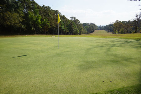Golfer are playing game golf and hitting go on green grass mountain background. Asia male player game shot in summer. Sport holiday lifestyle concept.の写真素材