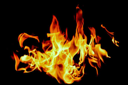 Fire flames on black background. The fire in the natural forest, flames and sparks on a dark background Fuel , lights on a black background.の写真素材