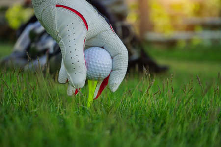 Golf clubs and golf balls on a green lawn in a beautiful golf course with morning sunshine. golf ball on green grass ready to hit on golf course background.の写真素材