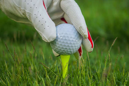 golf glove , white golf ball and tee put on green grass of golf course ,This golf objects for playの写真素材
