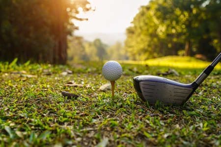 Hand hold golf ball with tee on course, golf course background. A golfer showing white golf ball in glove hand holding ,green grass nature blur background sunlight.の写真素材