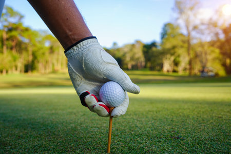 Hand hold golf ball with tee on course, golf course background. A golfer showing white golf ball in glove hand holding ,green grass nature blur background sunlight.の写真素材