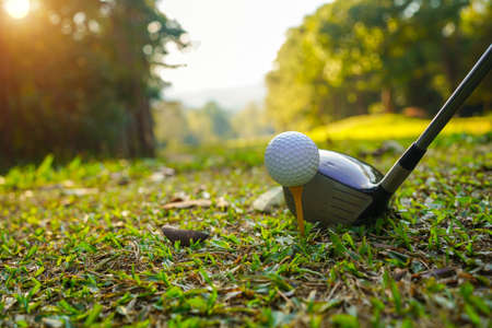 Golf ball is on a green lawn in a beautiful golf course with morning sunshine.Ready for golf in the first short.Sports that people around the world play during the holidays for health.の写真素材