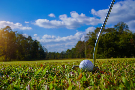 Golf clubs and ball on a green lawn in a beautiful golf course with morning sunshine. golf ball on green grass ready to hit on golf course background.の写真素材